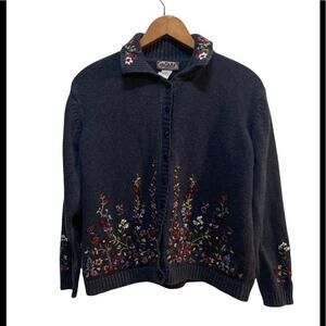 Vintage Tiara International Button Up Floral Cardigan Navy Blue Women's Medium